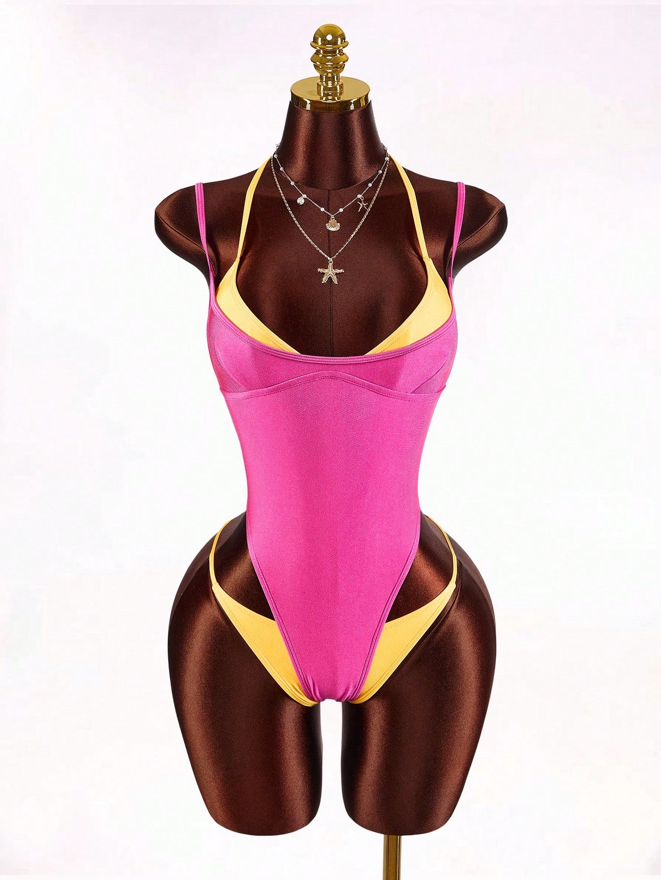 Amplova 1pc Women's Sexy Avant-Garde 2 In 1 Swimsuit, Contrasting Fuchsia And Yellow, Suitable For Beach - image 9
