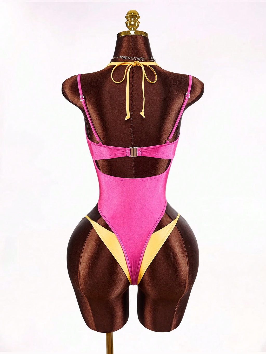 Amplova 1pc Women's Sexy Avant-Garde 2 In 1 Swimsuit, Contrasting Fuchsia And Yellow, Suitable For Beach - image 18
