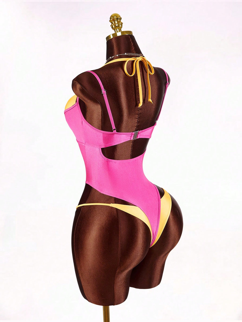 Amplova 1pc Women's Sexy Avant-Garde 2 In 1 Swimsuit, Contrasting Fuchsia And Yellow, Suitable For Beach - image 10