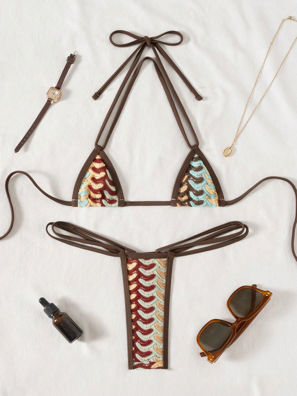 Swim SXY 2pcs/Set New Textured Fabric Micro Triangle Cup Halter Sexy Elegant Vac
