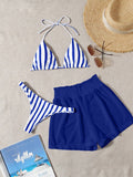 Swim Mod Summer Beach Striped Triangle Bikini Set & Mesh Shorts