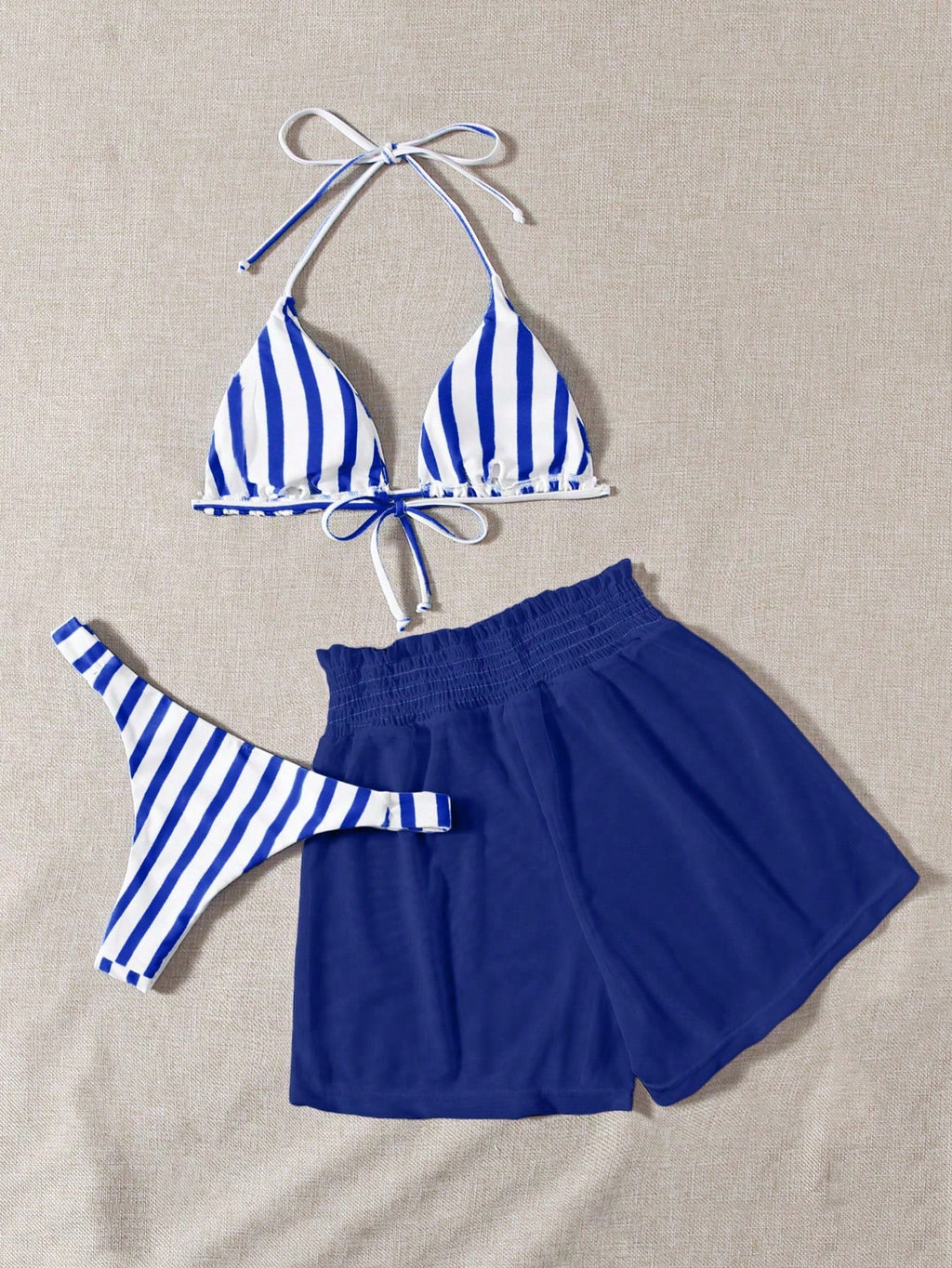 Swim Mod 3pcs Set Fresh Blue & White Striped Top, Blue Bottom And White Cover Up