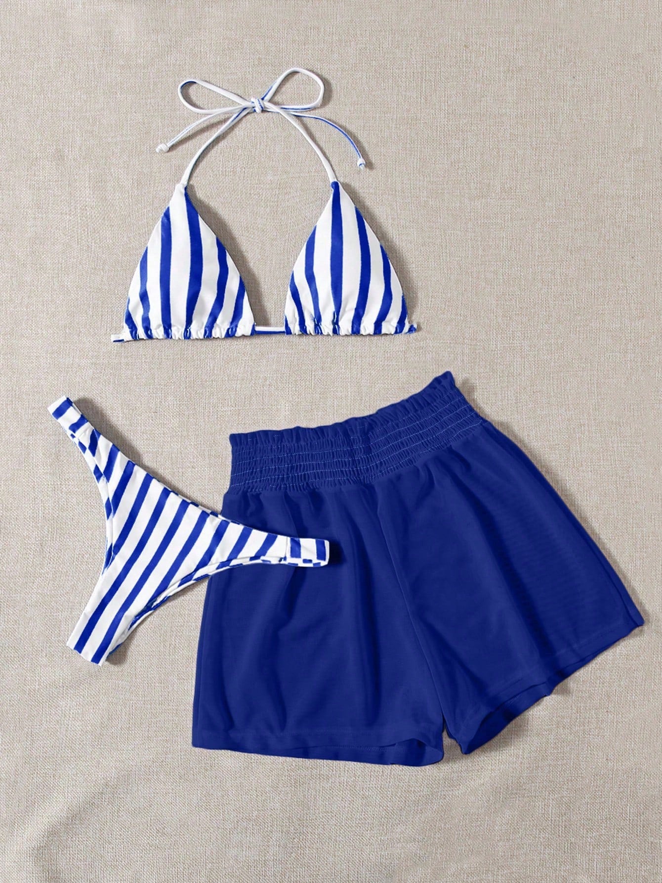 Swim Mod Summer Beach Striped Triangle Bikini Set & Mesh Shorts