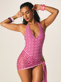 MISSGUIDED Women's Pink Wave Print V-Neck One-Piece Swimsuit With Matching Sarong Side Tie Beach Cover Up