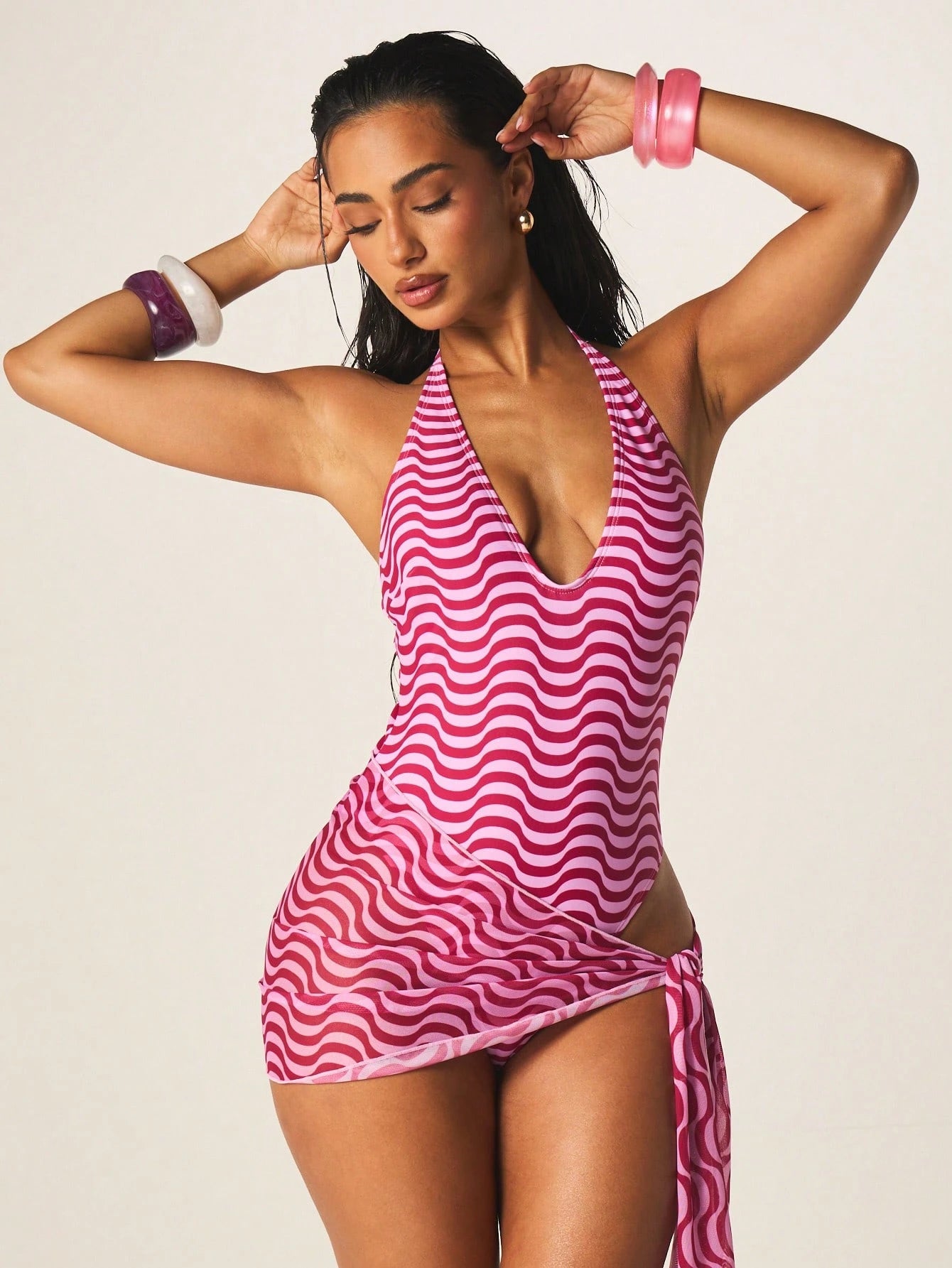 MISSGUIDED Women's Pink Wave Print V-Neck One-Piece Swimsuit With Matching Sarong Side Tie Beach Cover Up