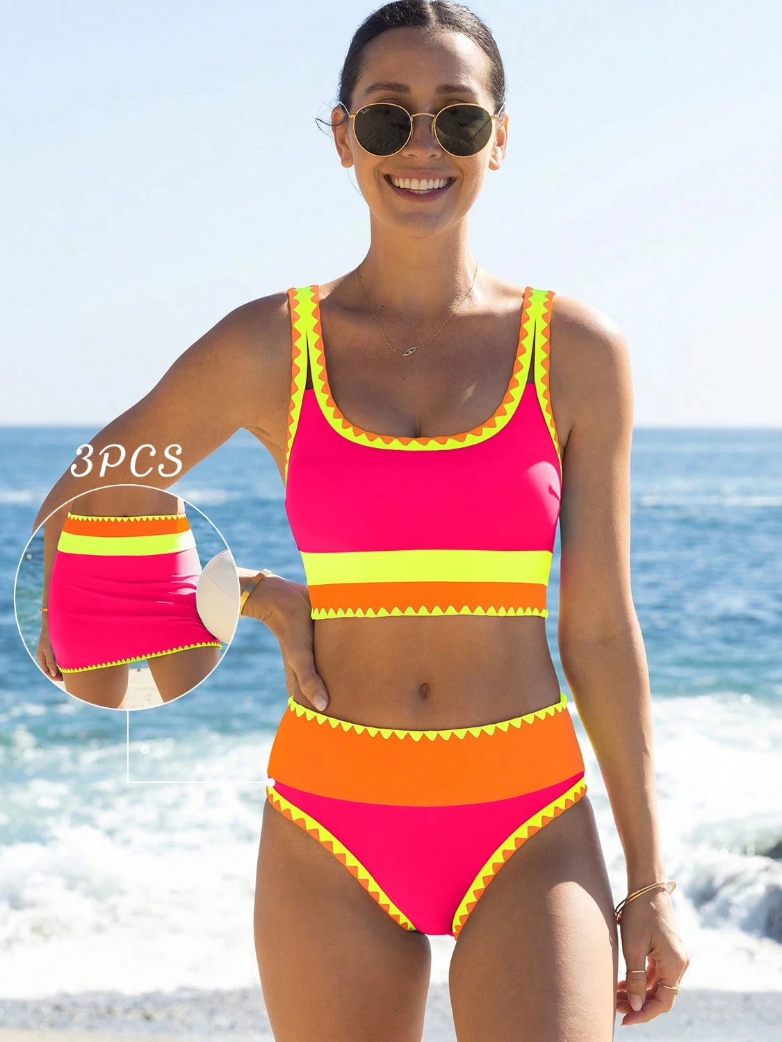 popvil Women Sporty Color-Blocked Shell Trim Bikini Three Pieces Set