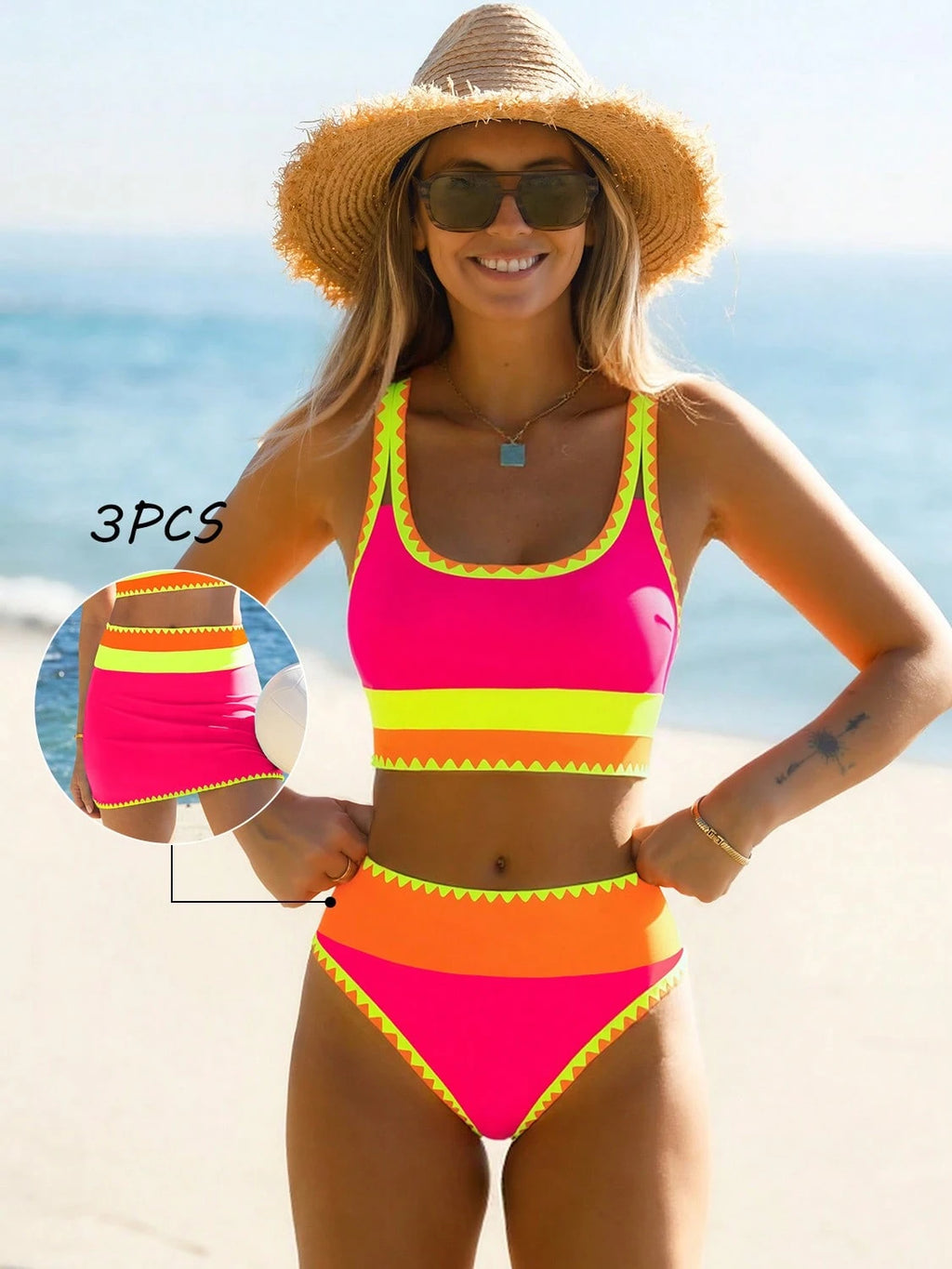 popvil Women Sporty Color-Blocked Shell Trim Bikini Three Pieces Set