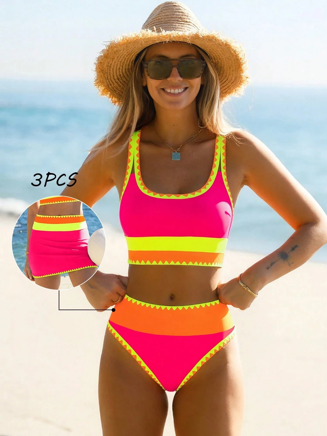popvil Women Sporty Color-Blocked Shell Trim Bikini Three Pieces Set