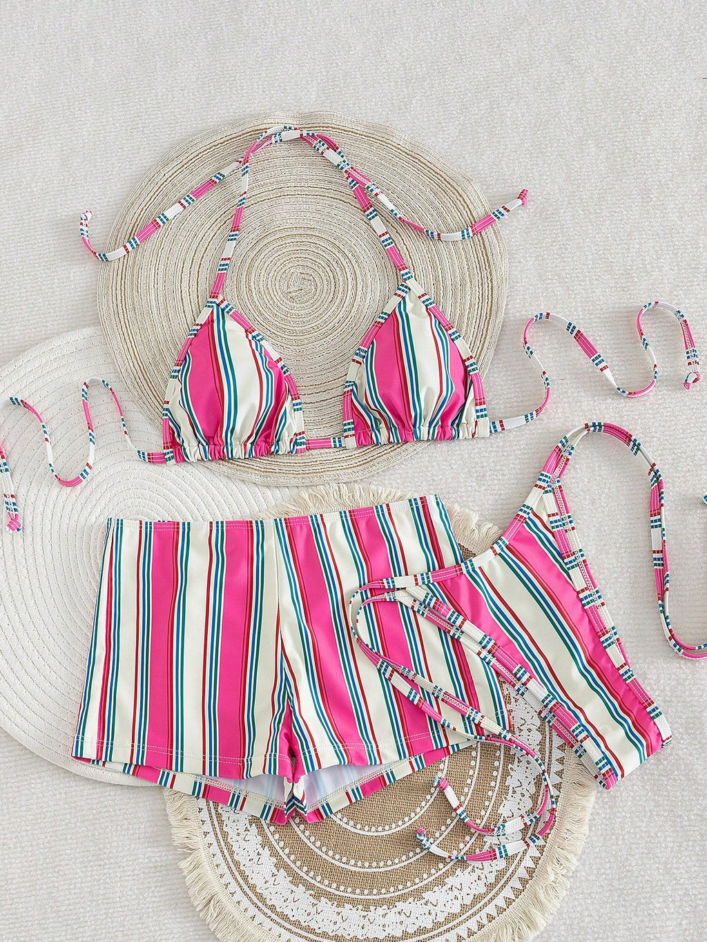 Costavie 3pcs Women's Halter Striped Tie-Front Tankini Swimwear Set