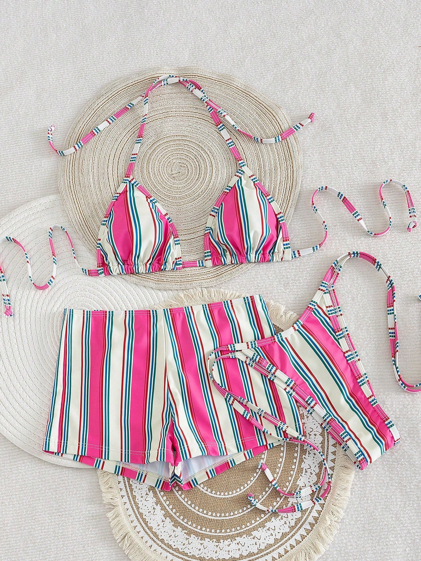 Costavie 3pcs Women's Halter Striped Tie-Front Tankini Swimwear Set