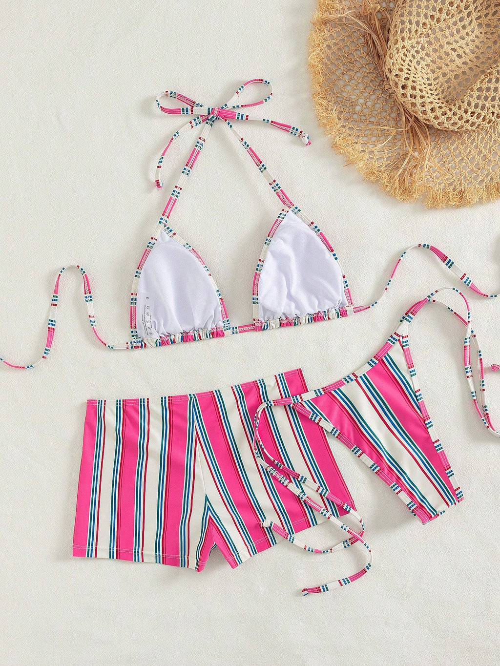 Costavie 3pcs Women's Halter Striped Tie-Front Tankini Swimwear Set