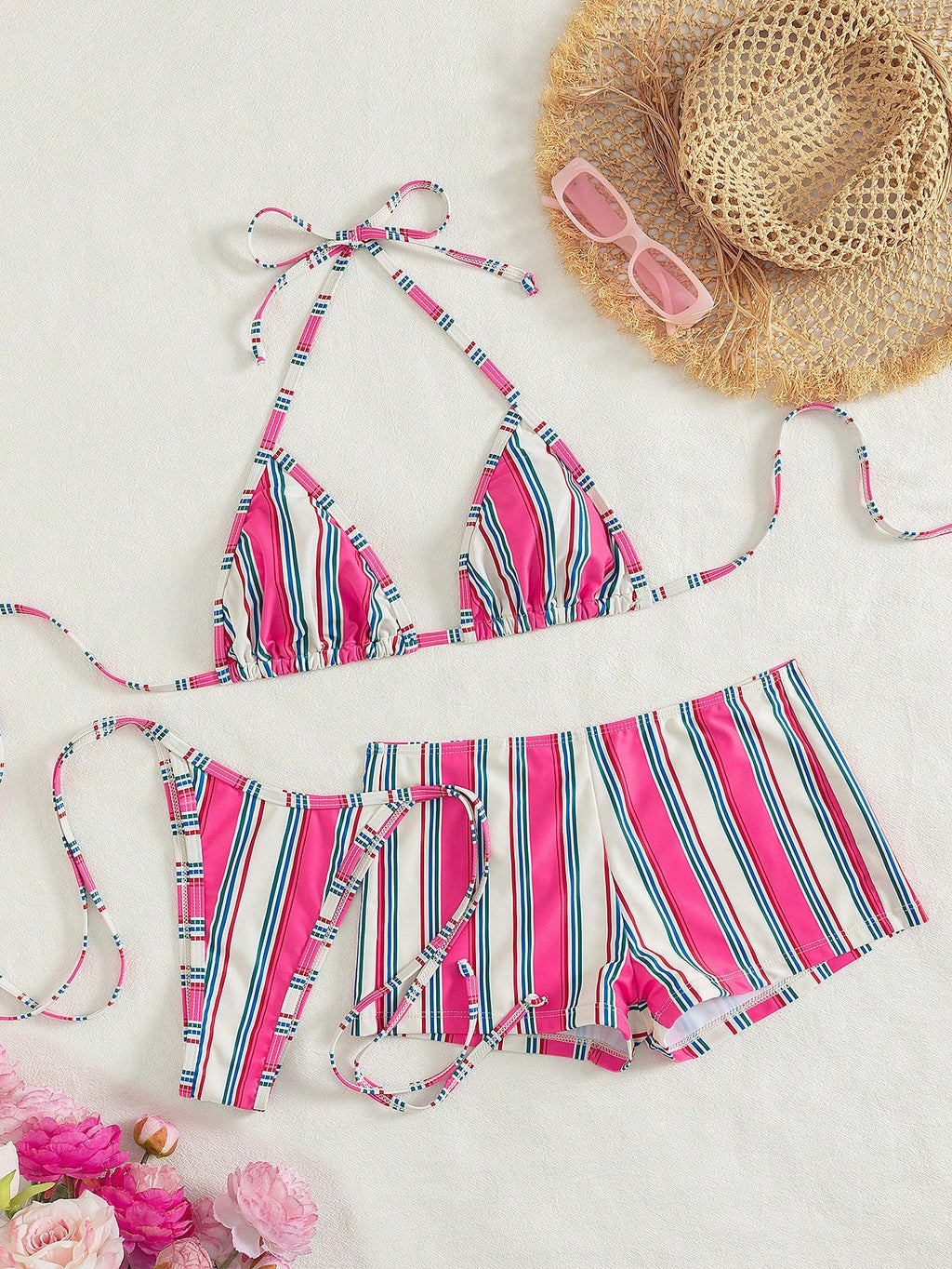 Costavie 3pcs Women's Halter Striped Tie-Front Tankini Swimwear Set