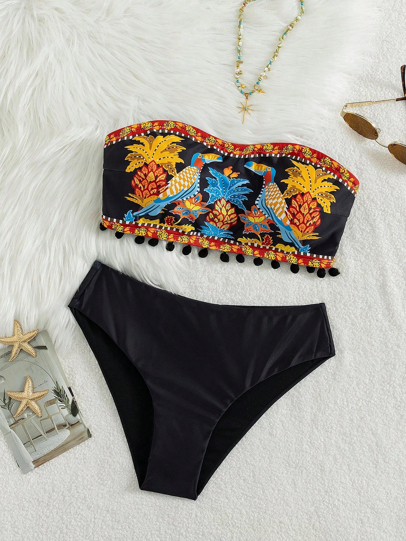 Swim Vcay Women's Black Summer Boho 2 Pieces Bikini Set,Embroidered