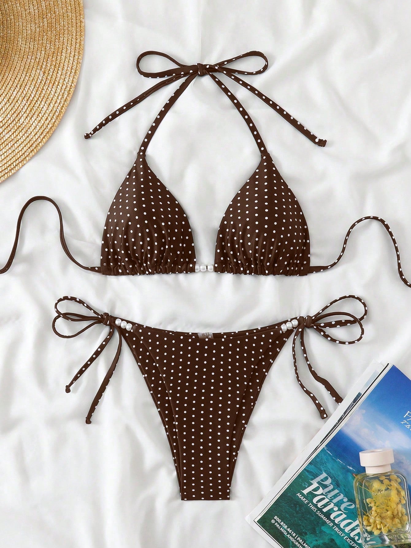 Swim Basics Women's Sexy 2-Piece Polka Dot Random Print Halter Tie Pearl Decor Bikini Set, Summer - image 8