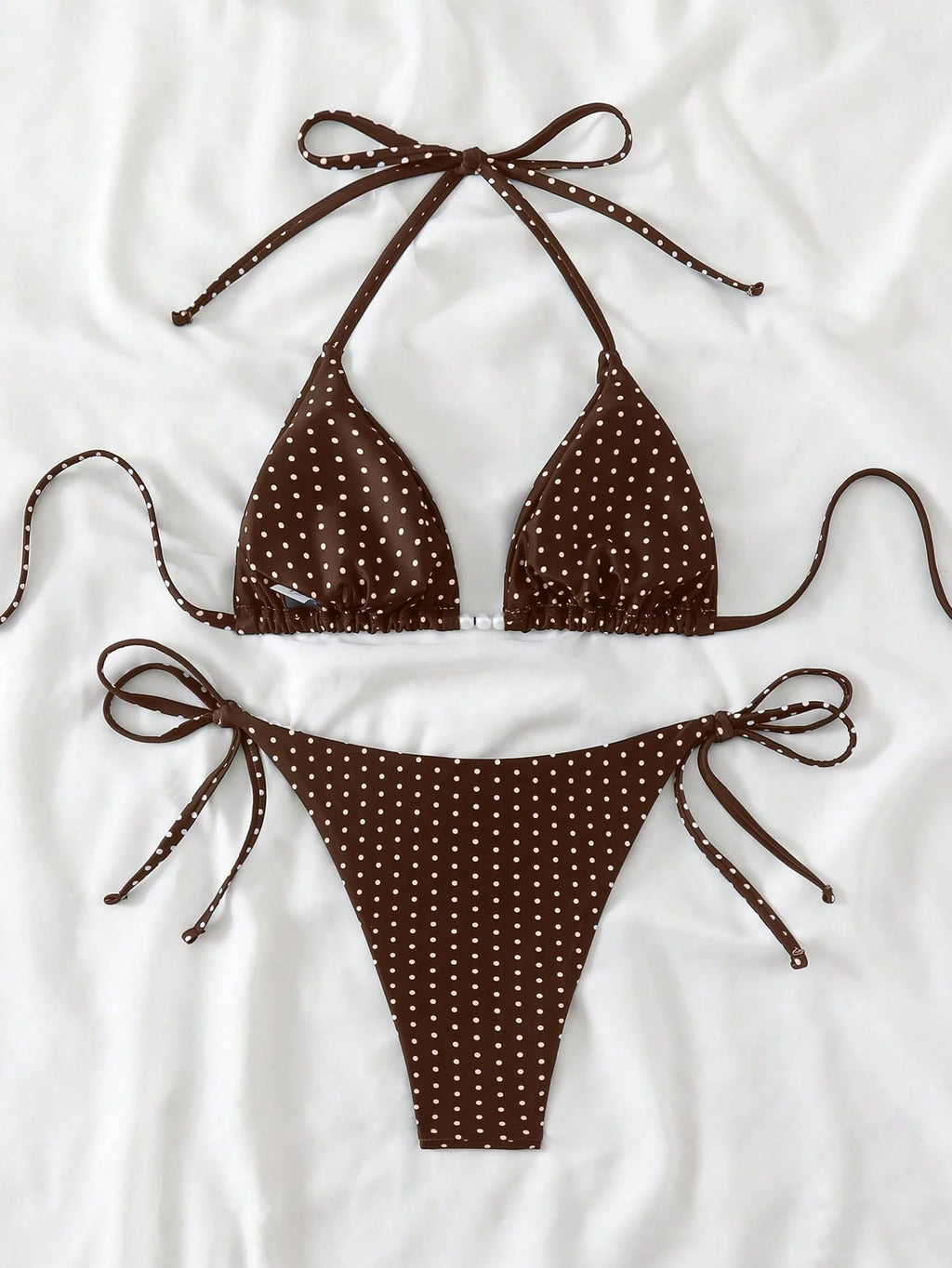 Swim Basics Women's Sexy 2-Piece Polka Dot Random Print Halter Tie Pearl Decor Bikini Set, Summer - image 9