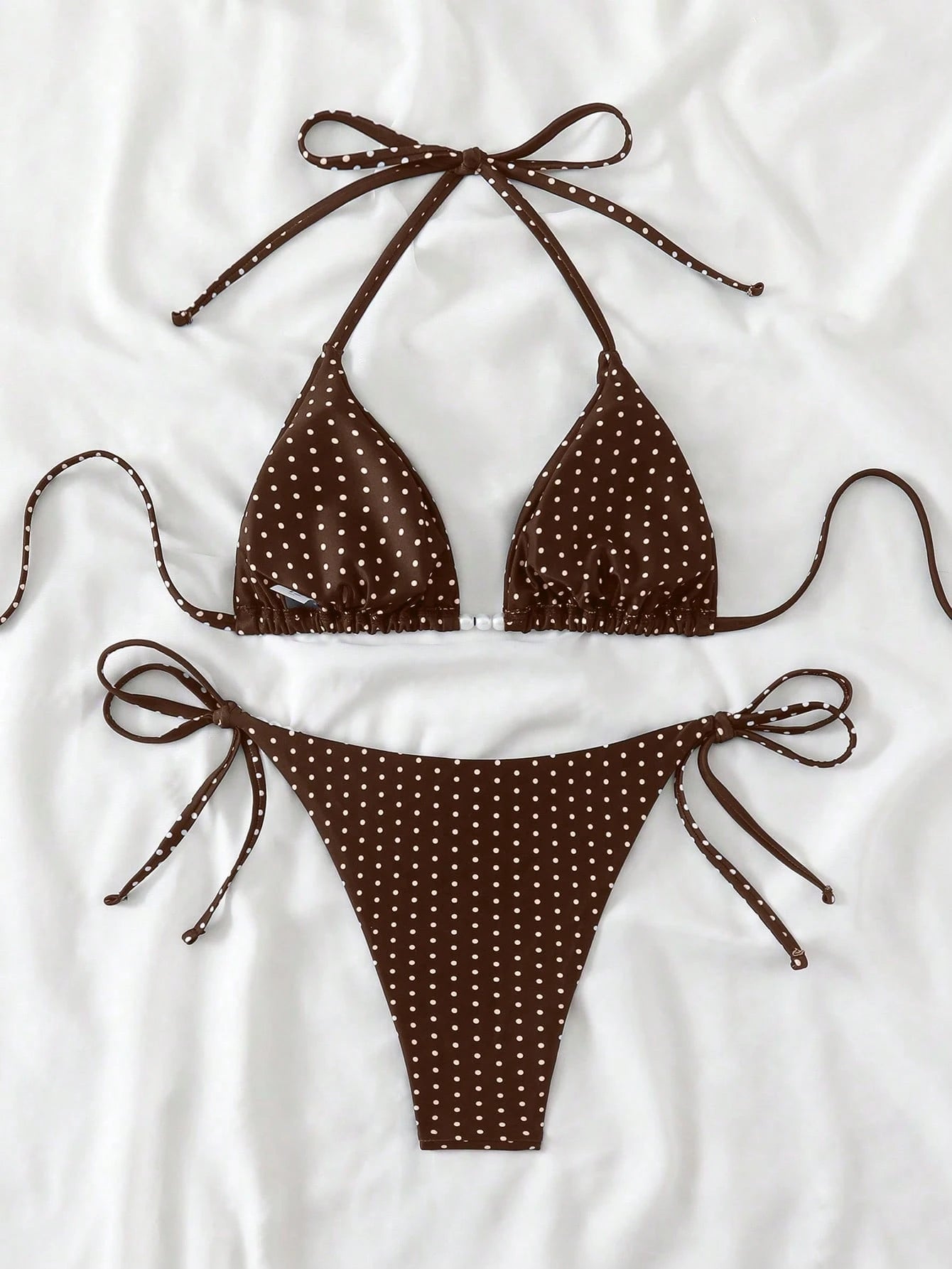 Swim Basics Women's Sexy 2-Piece Polka Dot Random Print Halter Tie Pearl Decor Bikini Set, Summer - image 9