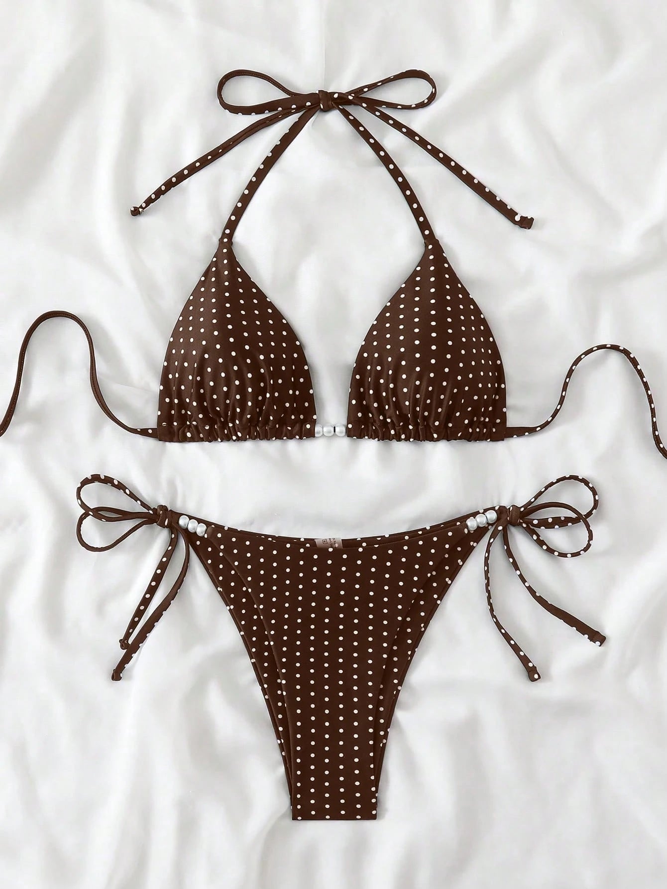Swim Basics Women's Sexy 2-Piece Polka Dot Random Print Halter Tie Pearl Decor Bikini Set, Summer - image 10