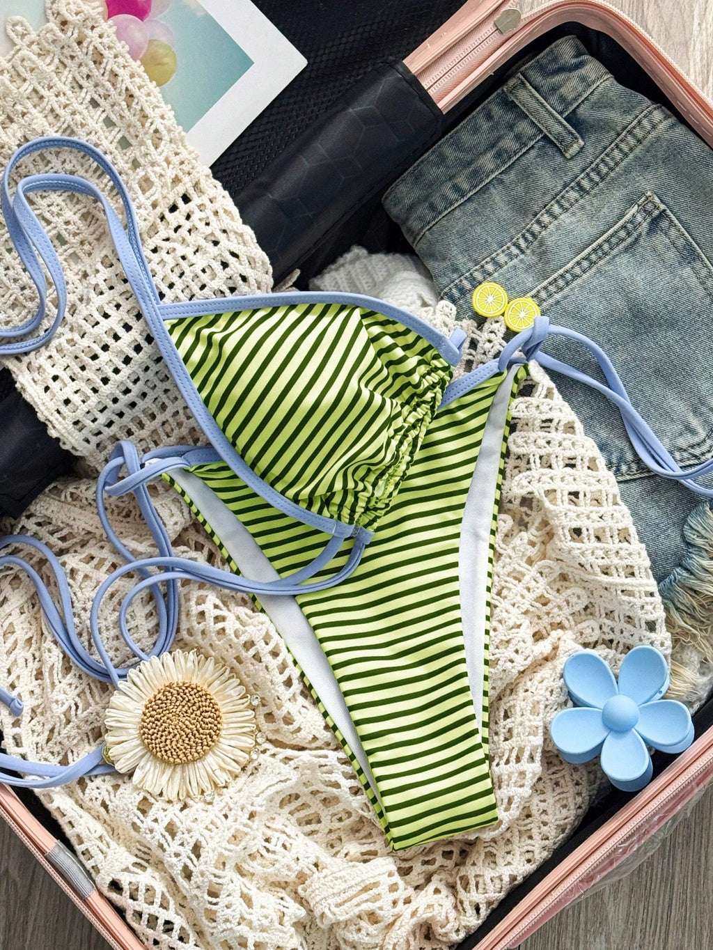 Sexy Summer Yellow Striped Print Patchwork Swimwear, Suitable For