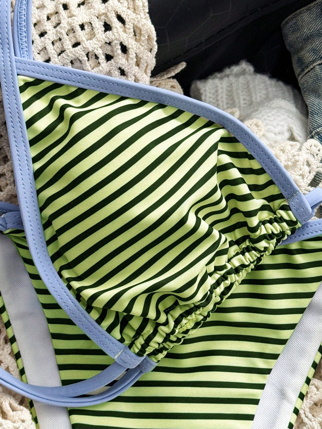 Sexy Summer Yellow Striped Print Patchwork Swimwear, Suitable For
