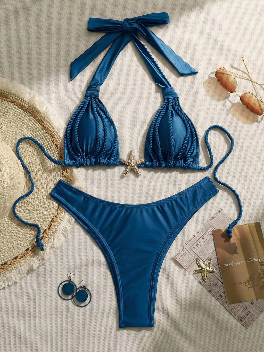 Swim Chiccia Women's 2-Piece Ruffled Strap Bikini Set,Teal Blue,Summer,Tropical,