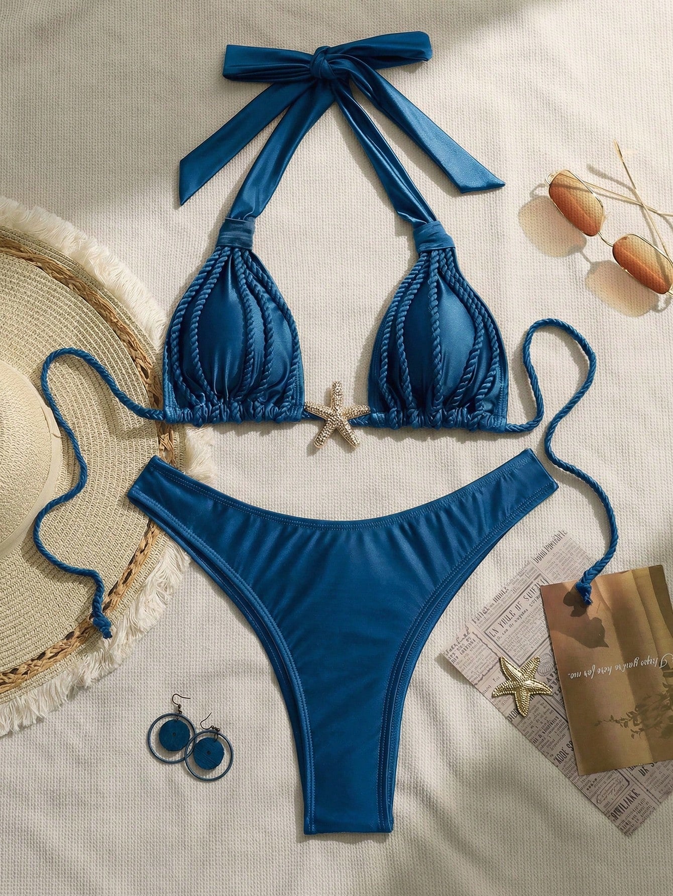 Swim Chiccia Women's 2-Piece Ruffled Strap Bikini Set,Teal Blue,Summer,Tropical,