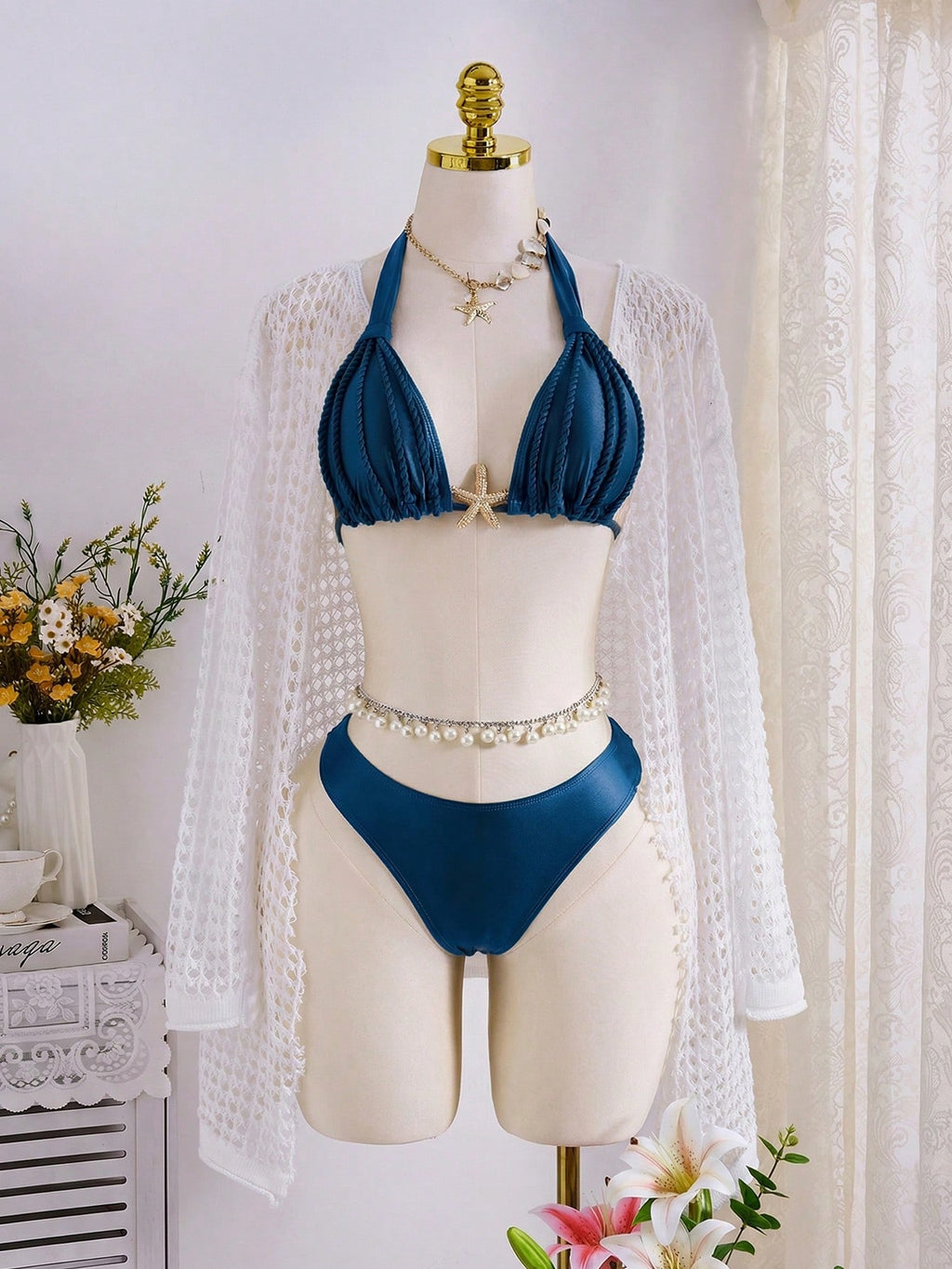 Swim Chiccia Women's 2-Piece Ruffled Strap Bikini Set,Teal Blue,Summer,Tropical,