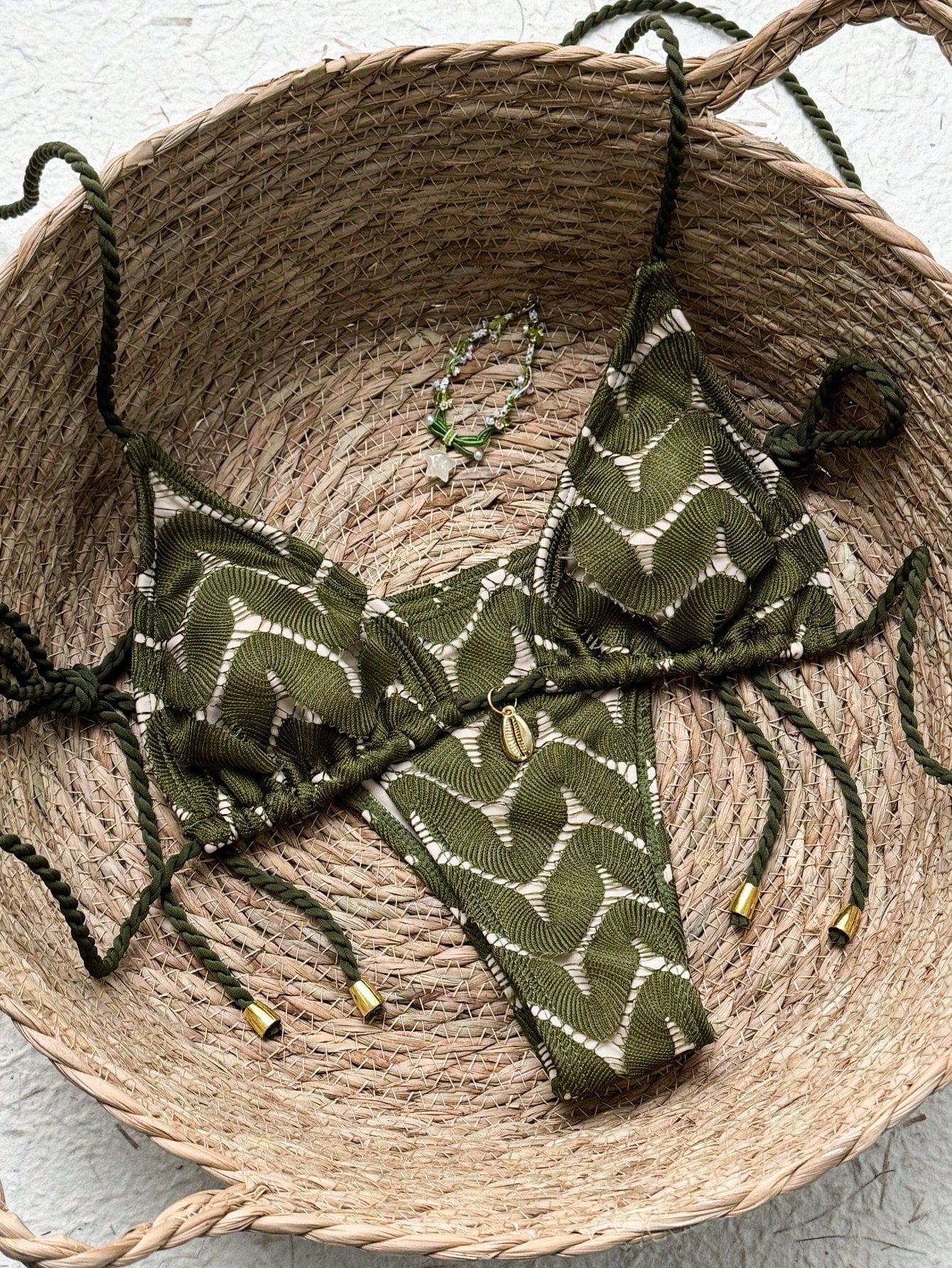 Women's 2026 New Fashion Chic Macrame Halter Neck Backless Swimwear Set With Metallic Pendant, Suitable For - image 3