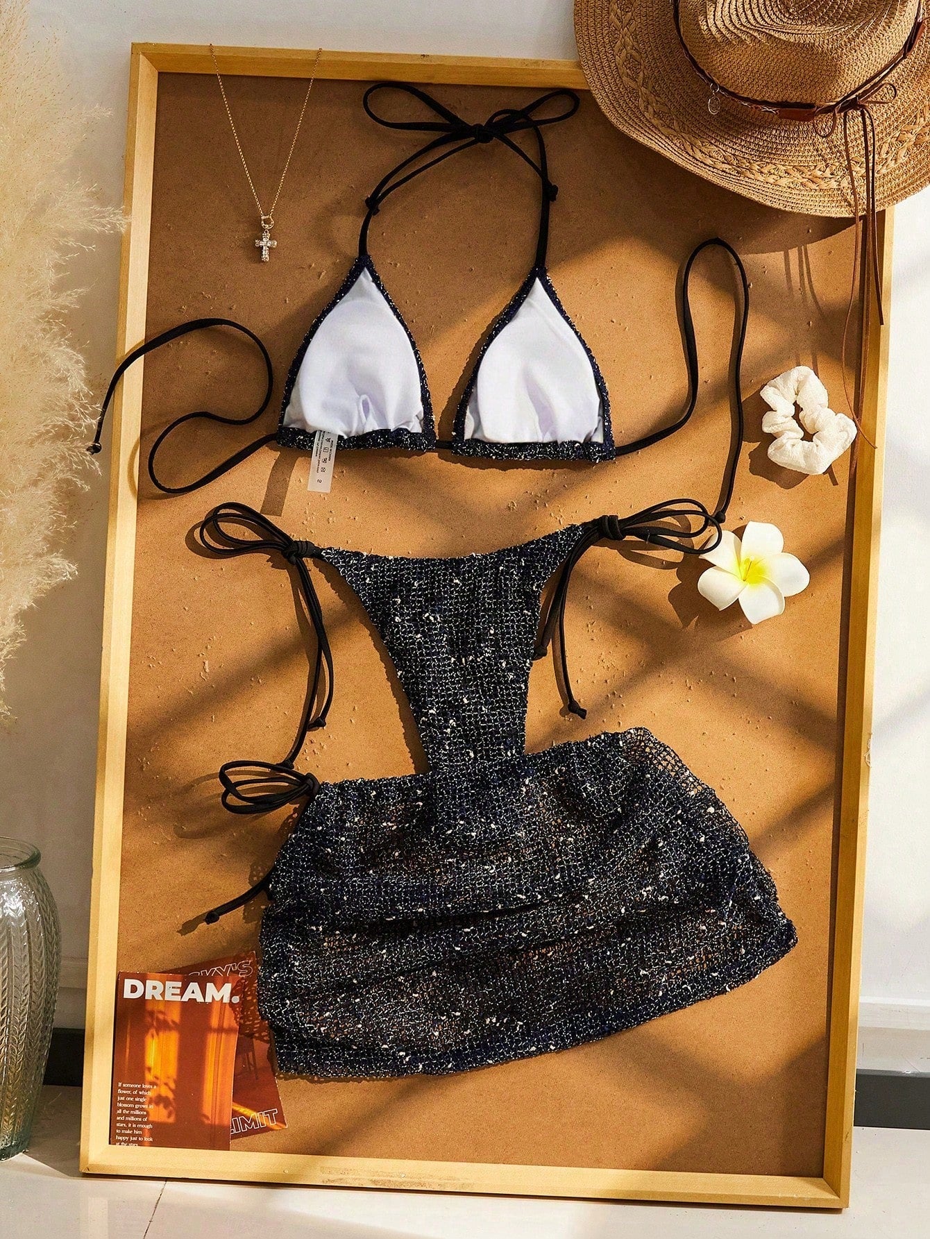 Women's 3-Piece Beach Vacation Bikini Set, Crochet Halter Tie Back, Bohemian Sequin Crochet Cover-Up Dress - image 12