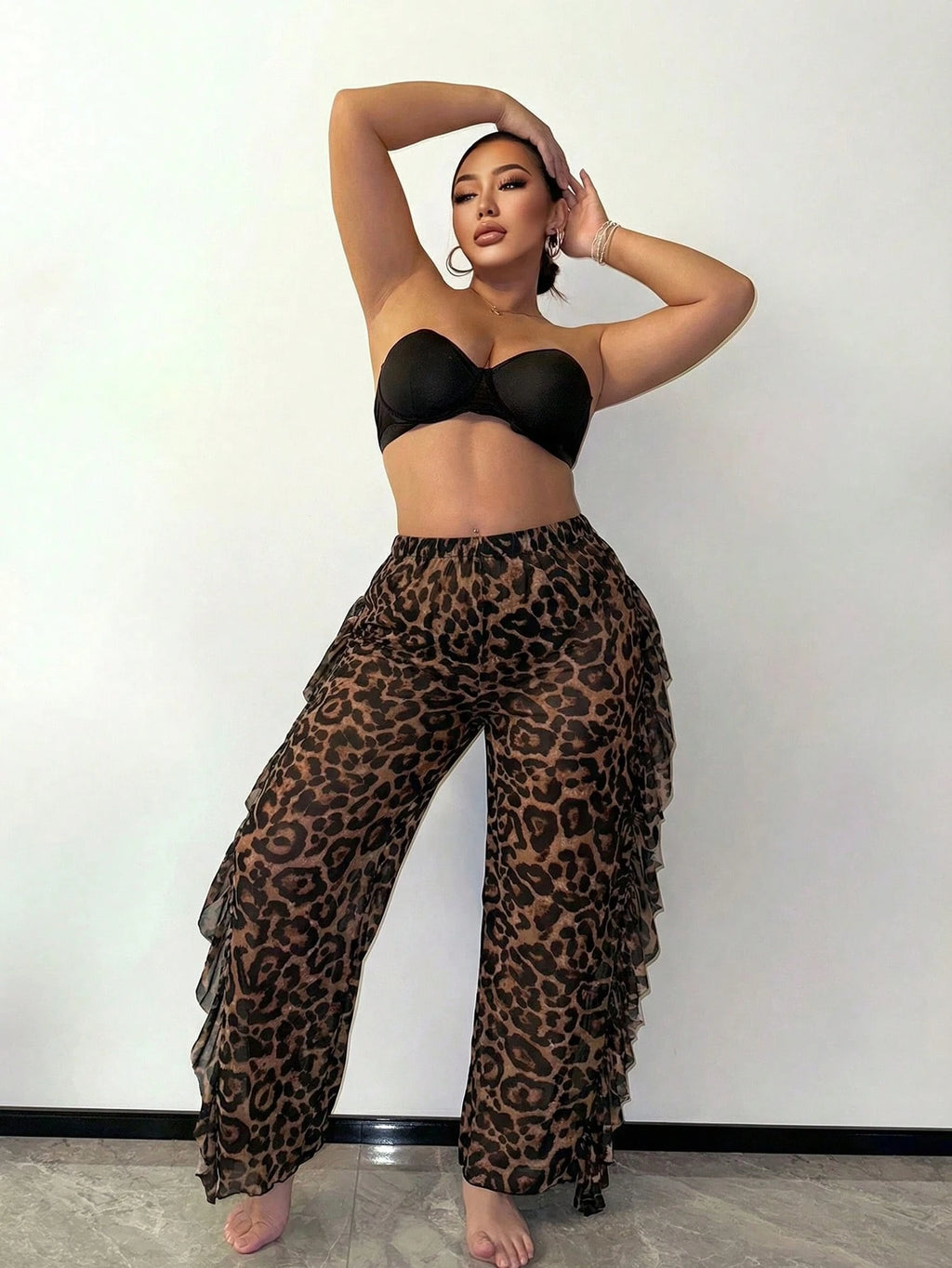 Slaydiva Ruffled Hem Solid Color Plus Size Women Cover Up & Pants Set - image 13