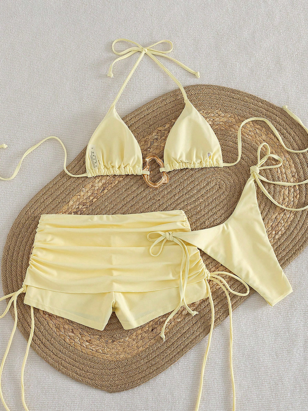 3pcs Solid Color Bikini Swimwear Set, Spaghetti Strap Halter Backless