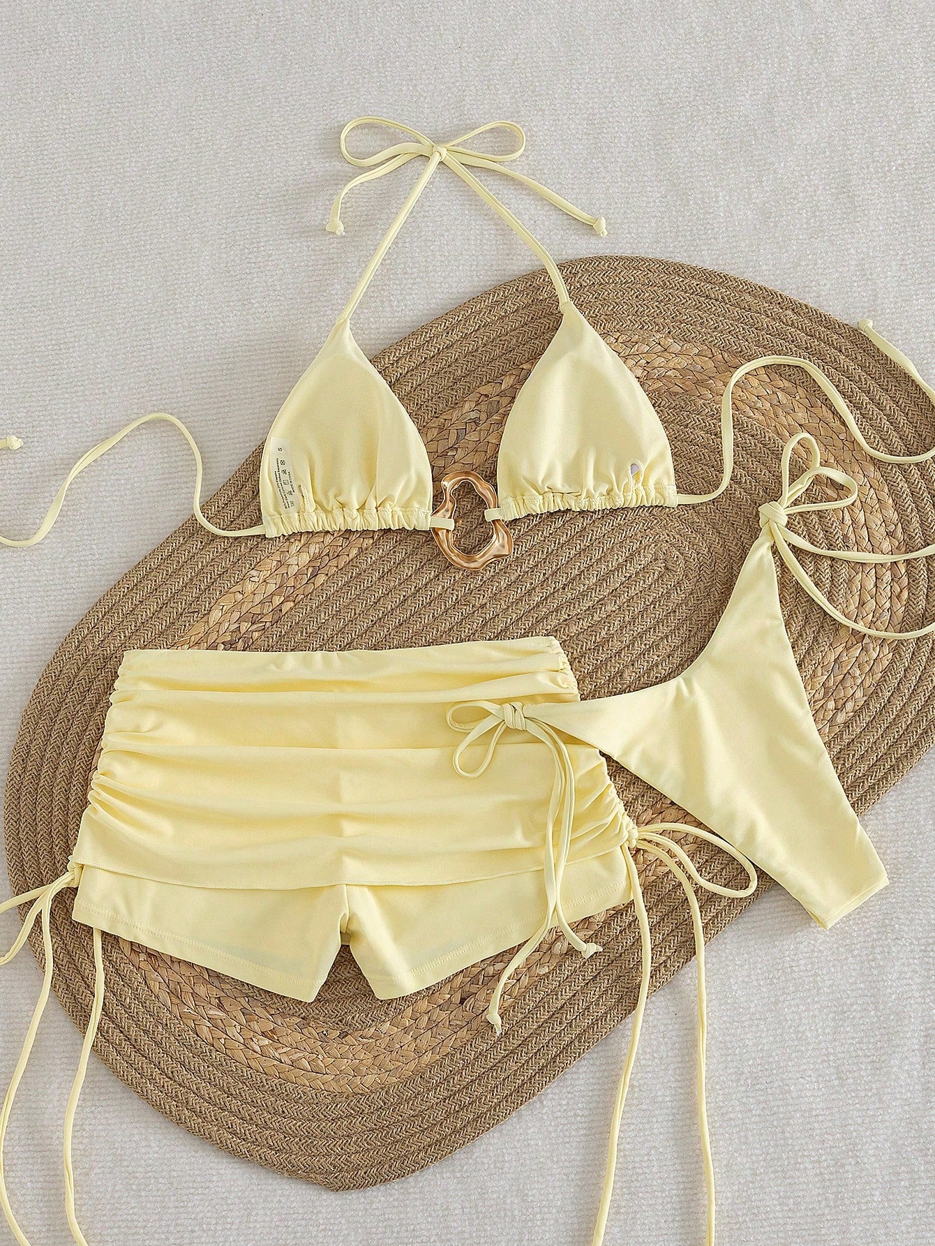 3pcs Solid Color Bikini Swimwear Set, Spaghetti Strap Halter Backless
