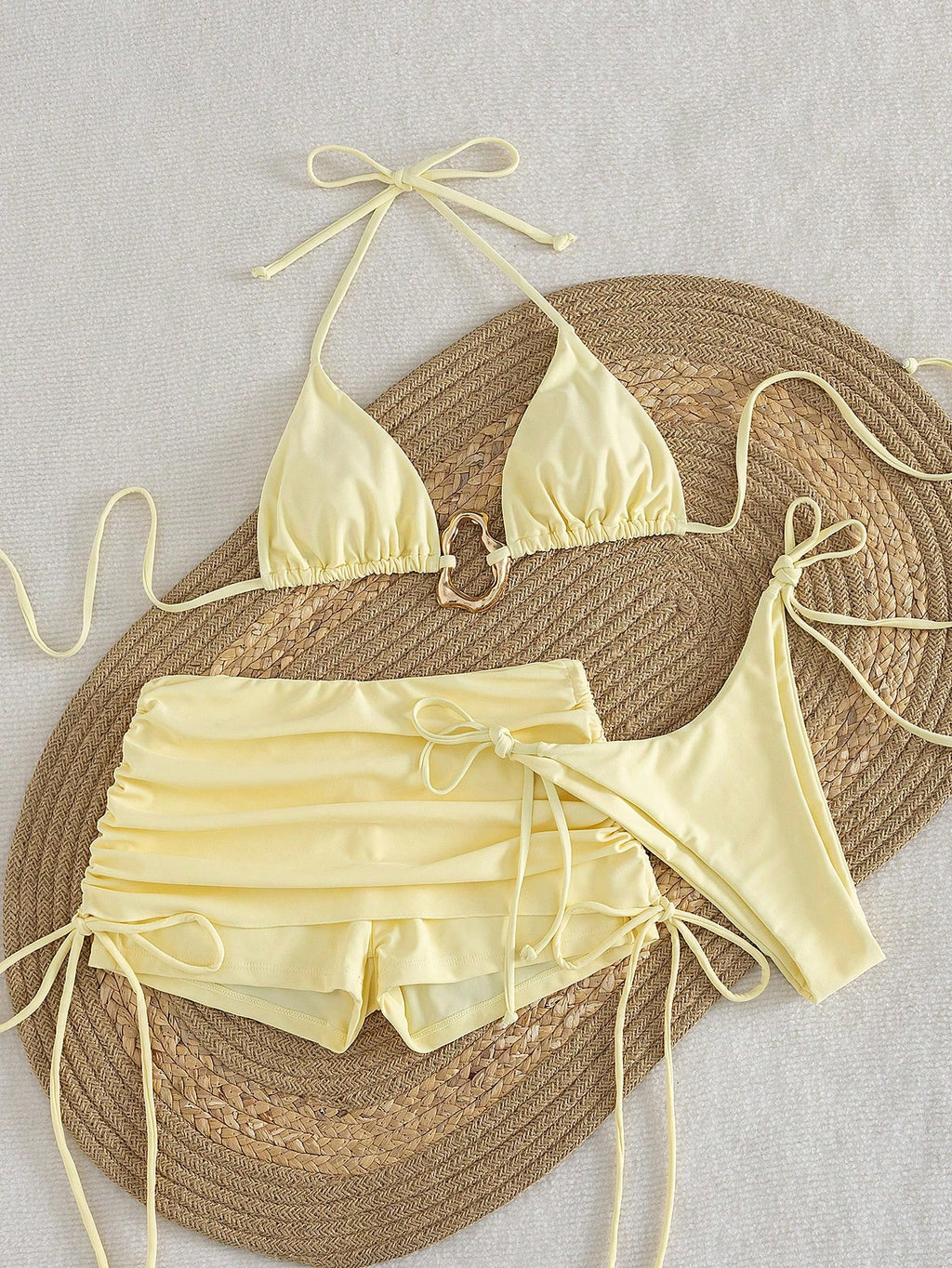 3pcs Solid Color Bikini Swimwear Set, Spaghetti Strap Halter Backless