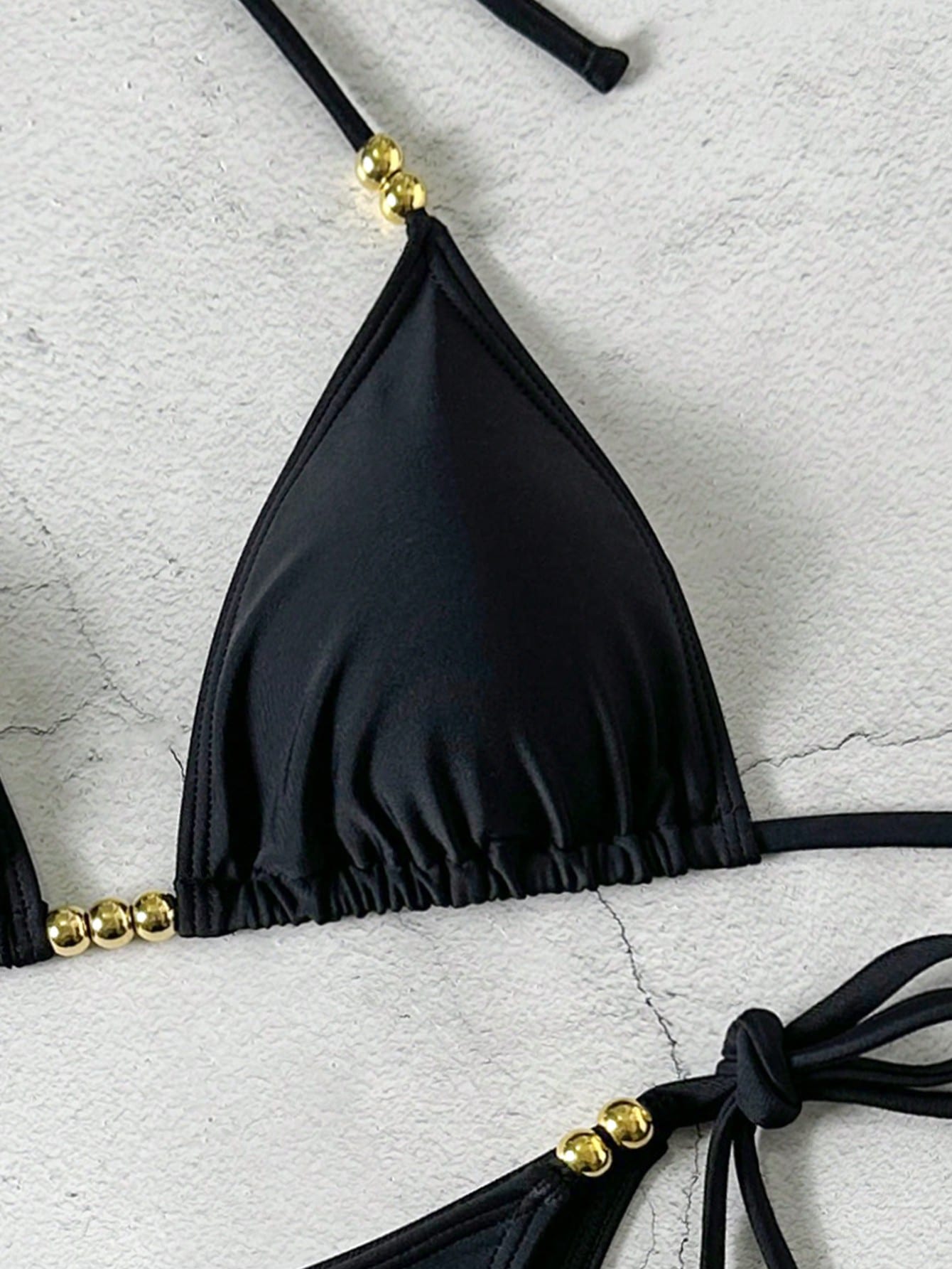 Lucky Girl Summer New Women's Black Beaded Tie Two Pieces Swimwear Set, Beach Ho
