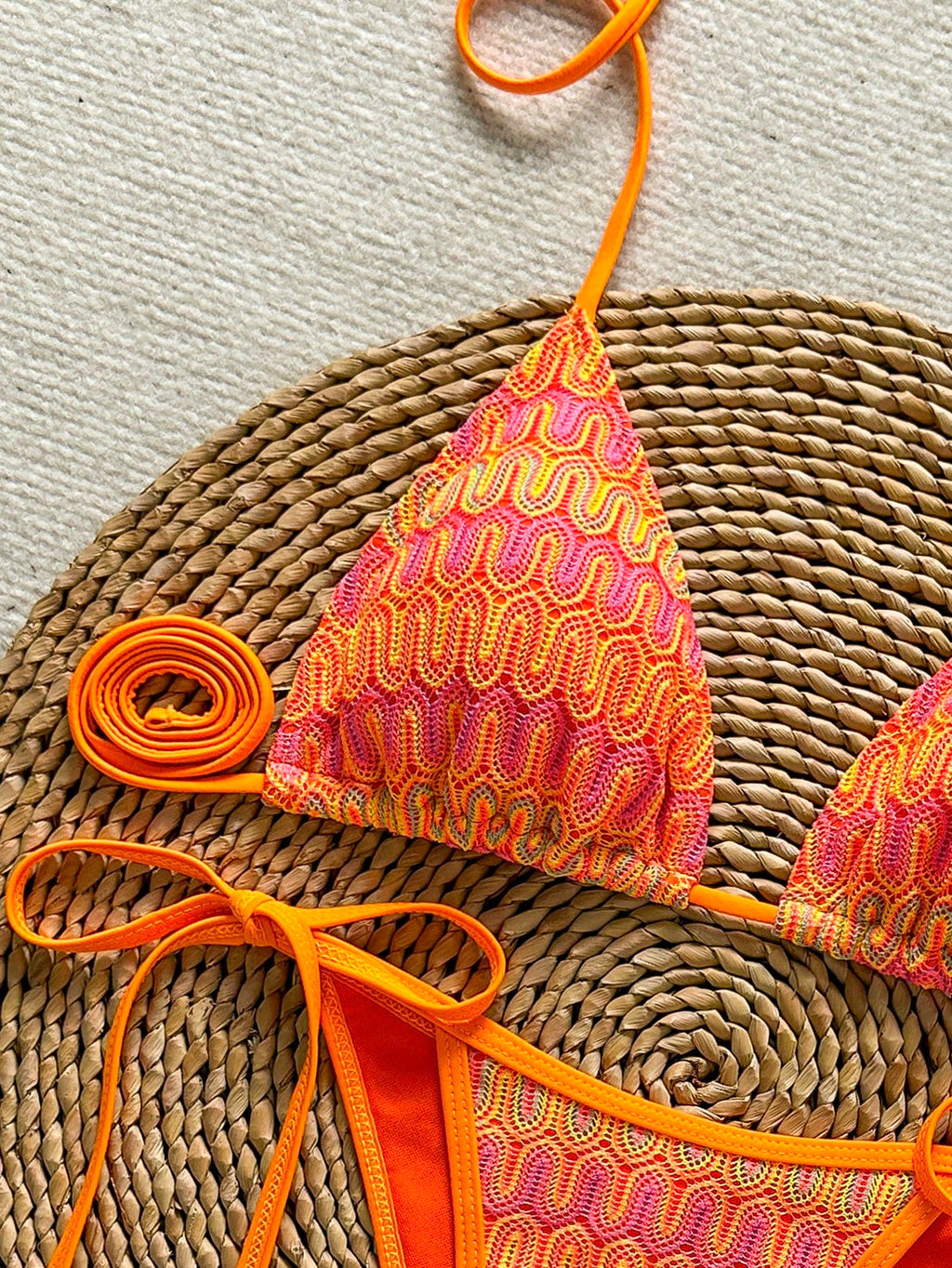 Women's Unique Textured Fabric Bikini 2 Pieces Swimwear, Cute Spaghetti Strap Ba
