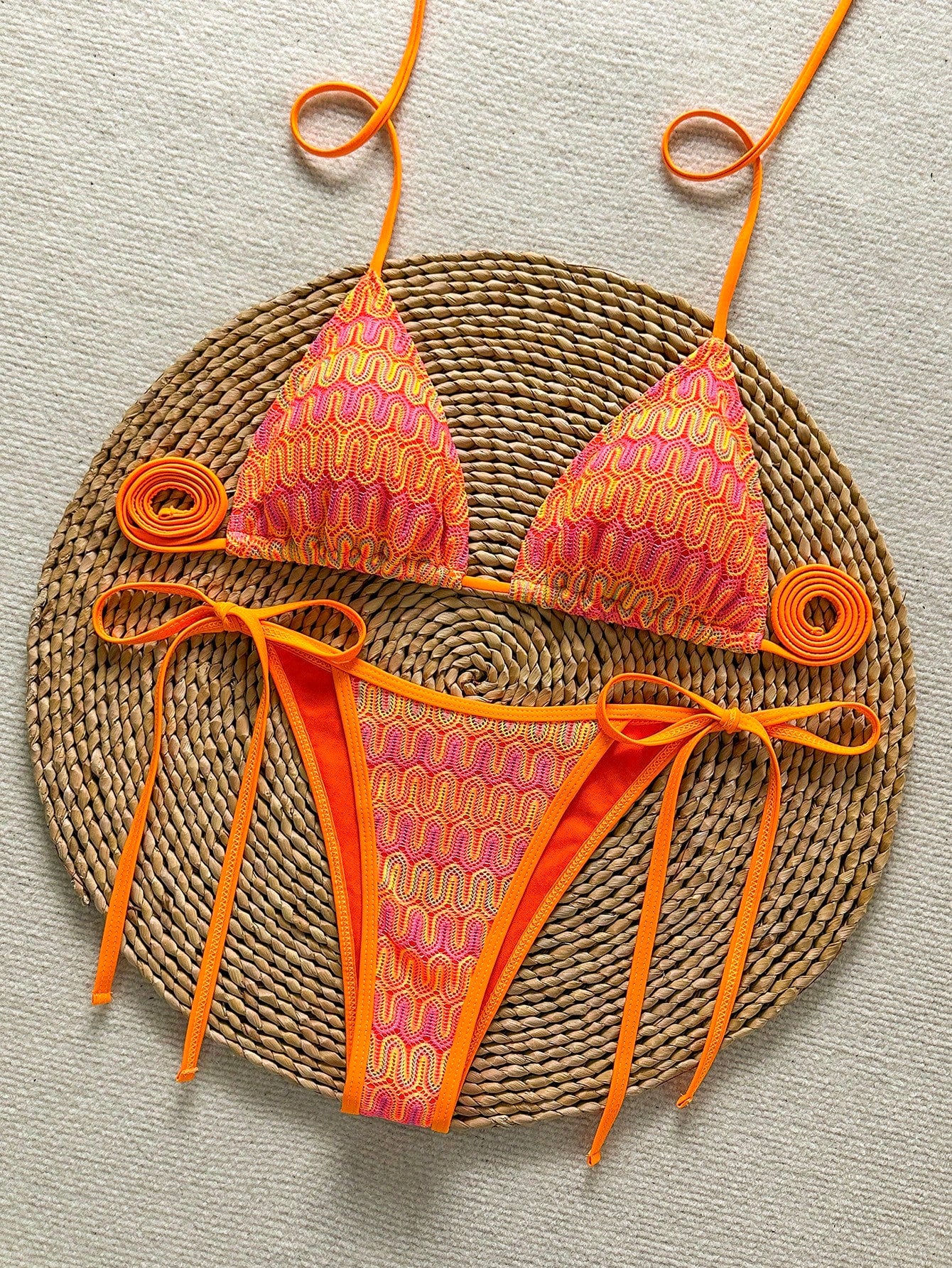 Women's Unique Textured Fabric Bikini 2 Pieces Swimwear, Cute Spaghetti Strap Ba