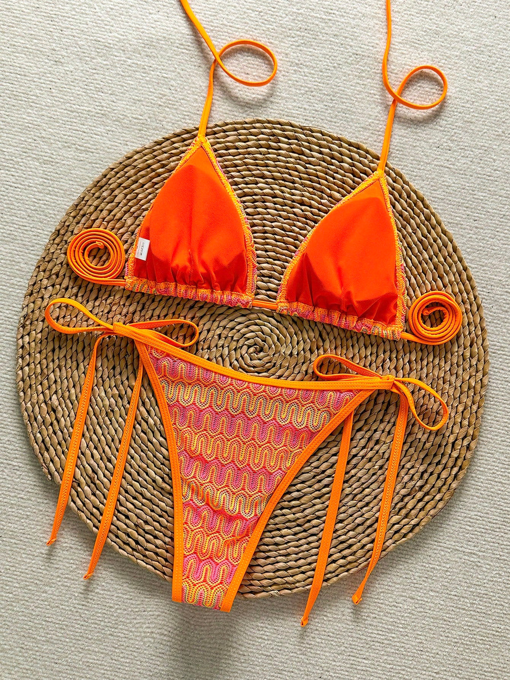 Women's Unique Textured Fabric Bikini 2 Pieces Swimwear, Cute Spaghetti Strap Ba