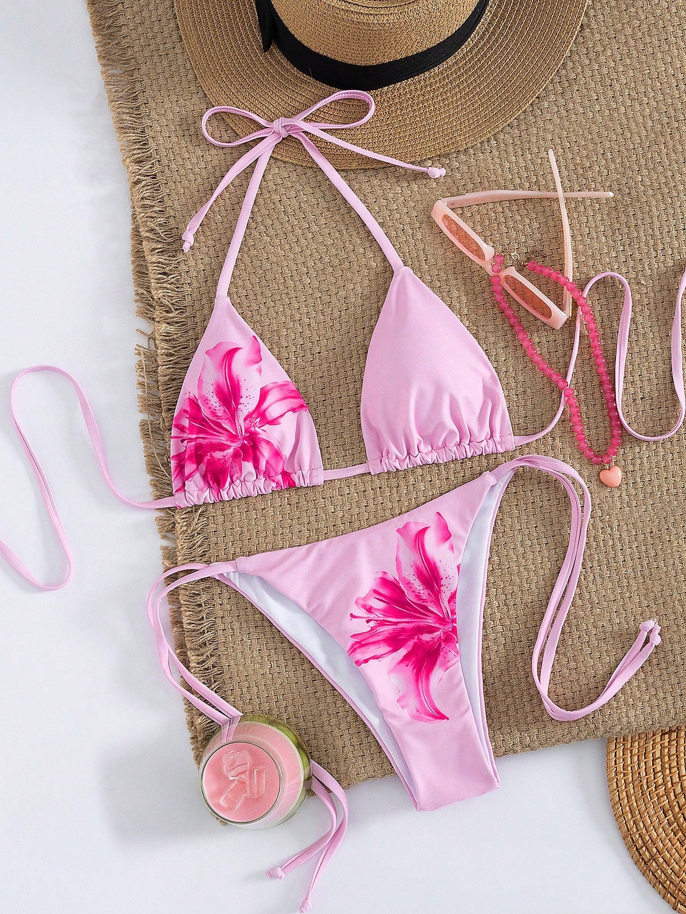 Women's Sexy Floral Halter Backless High Stretch Bikini Set, Perfect