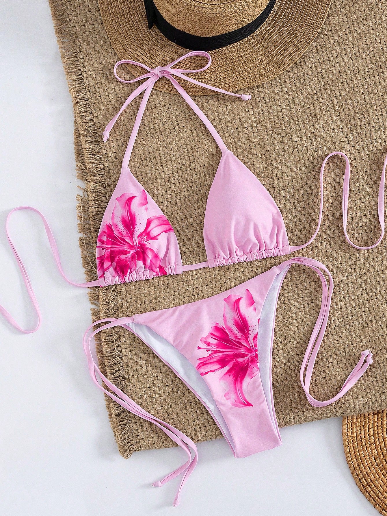 Women's Sexy Floral Halter Backless High Stretch Bikini Set, Perfect