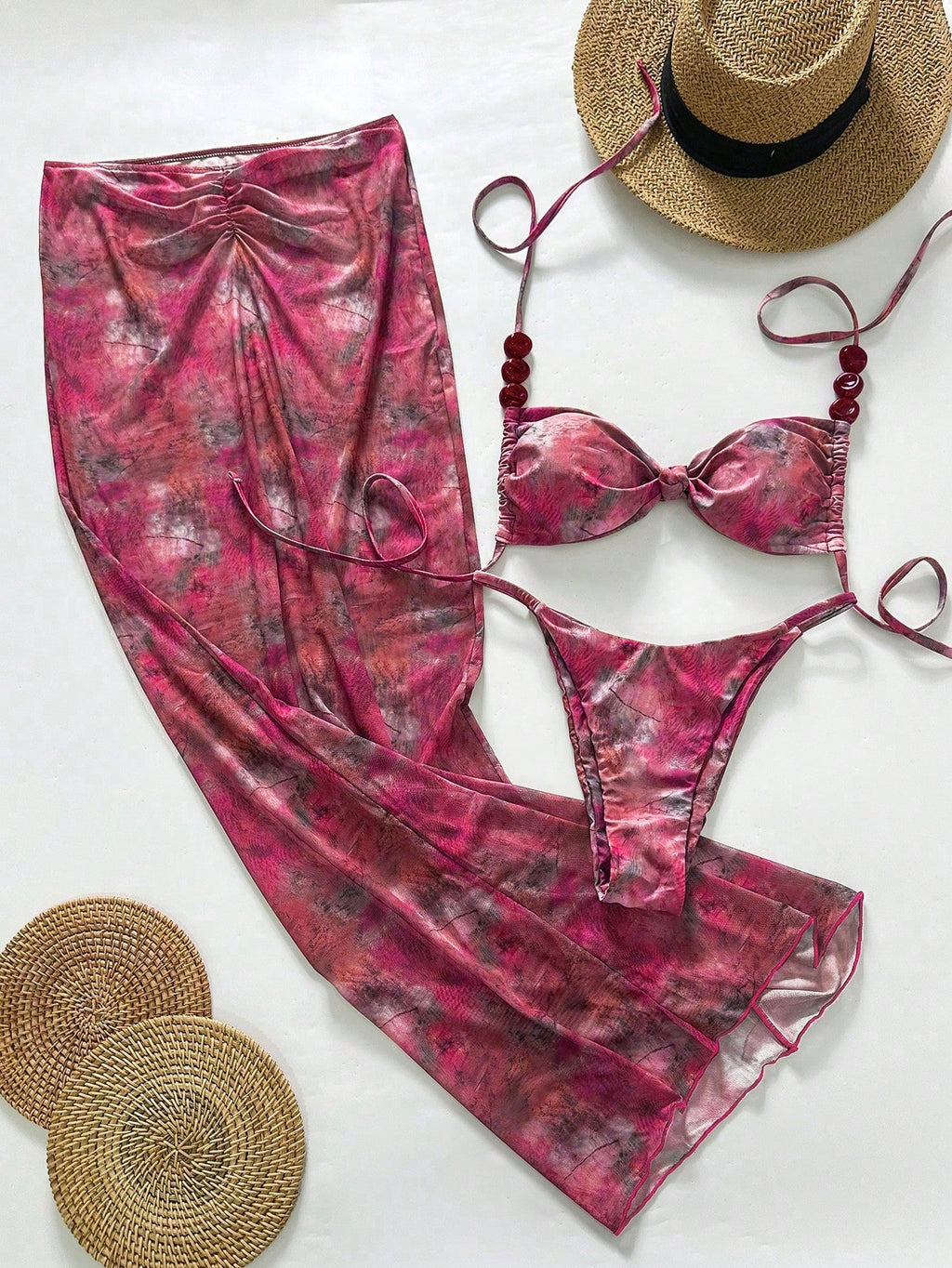 Bonvoyette Swim 3pcs/Set Asymmetrical Pearl Decor Bandeau Bikini,Ruched Front Sk