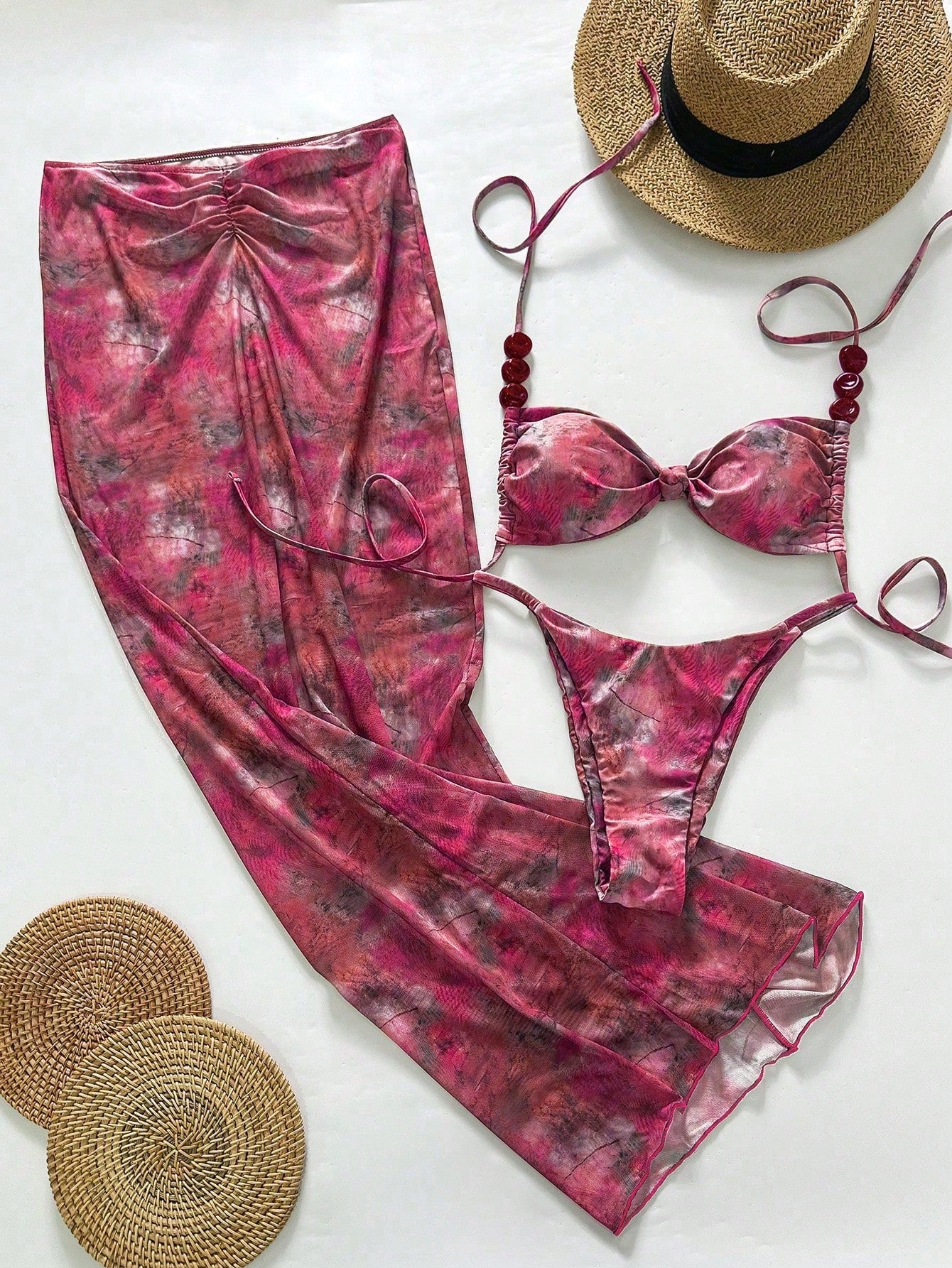 Bonvoyette Swim 3pcs/Set Asymmetrical Pearl Decor Bandeau Bikini,Ruched Front Sk