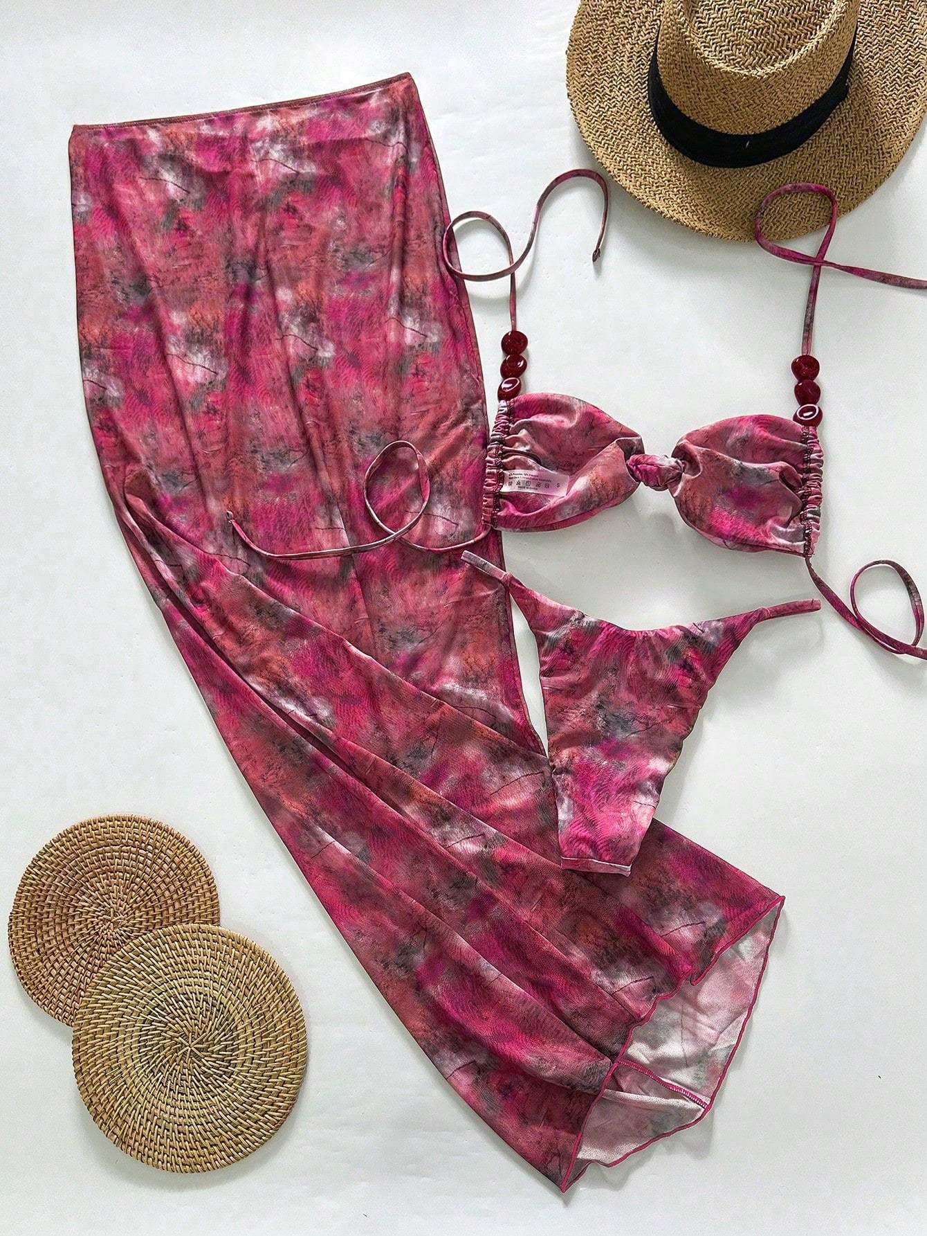Bonvoyette Swim 3pcs/Set Asymmetrical Pearl Decor Bandeau Bikini,Ruched Front Sk