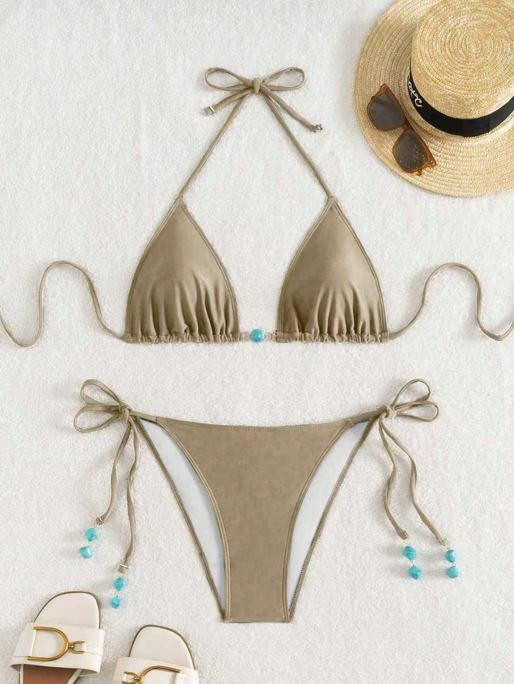 Summer New Spaghetti Strap Back Tie Brown Bikini Bottoms With Side