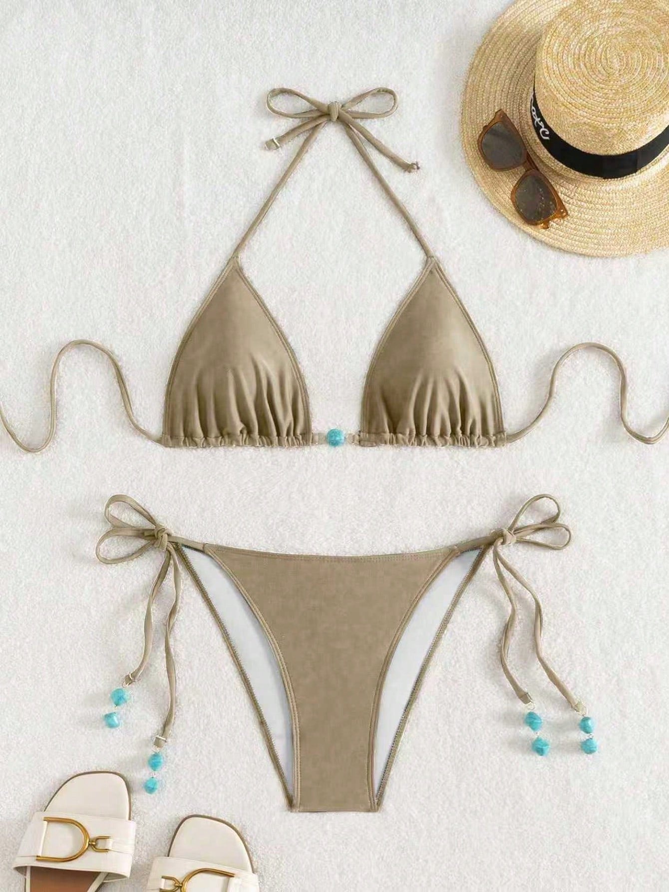 Summer New Spaghetti Strap Back Tie Brown Bikini Bottoms With Side