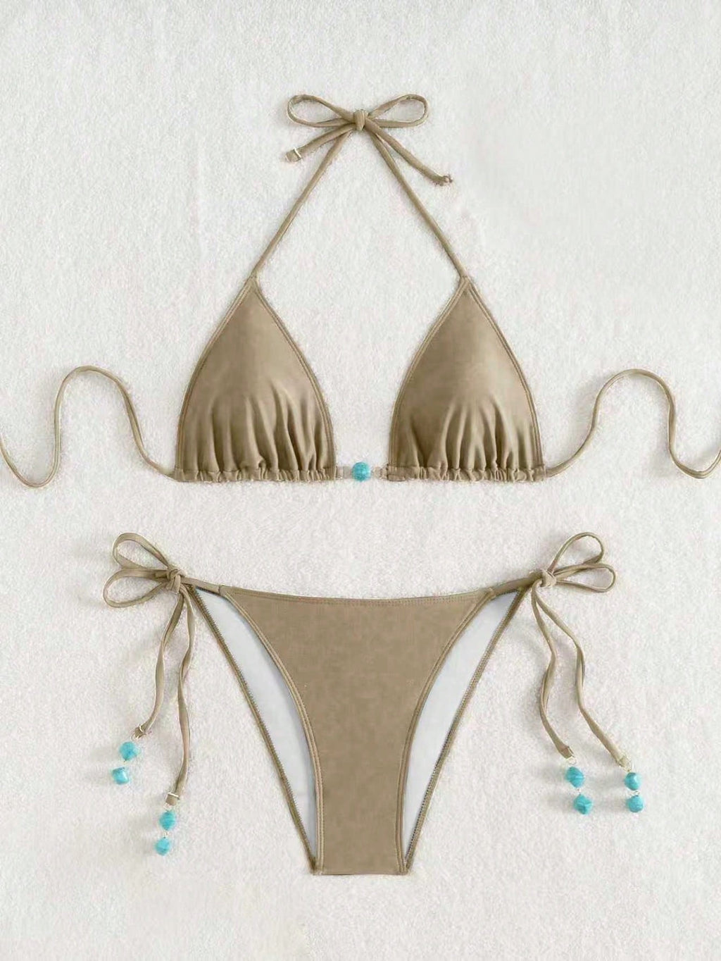Summer New Spaghetti Strap Back Tie Brown Bikini Bottoms With Side