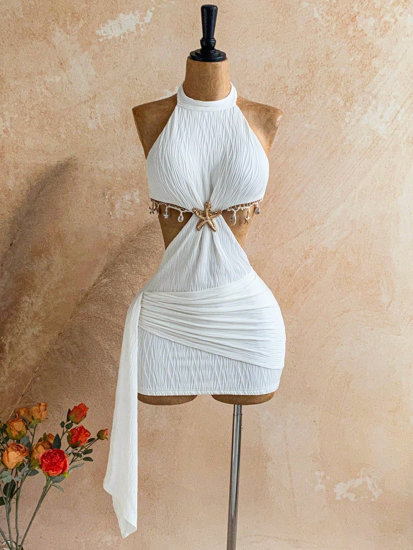 Soleia New Vacation Halter Waist Hollow Out Fitted Flowy Mini Dress, Bohemian, Boho, Fall Women Clothes, - image 7