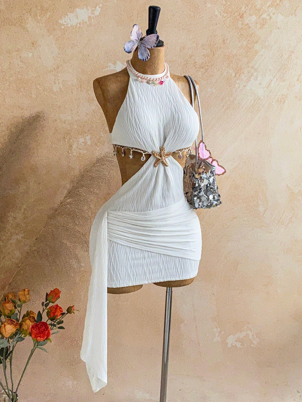 Soleia New Vacation Halter Waist Hollow Out Fitted Flowy Mini Dress, Bohemian, Boho, Fall Women Clothes, - image 8