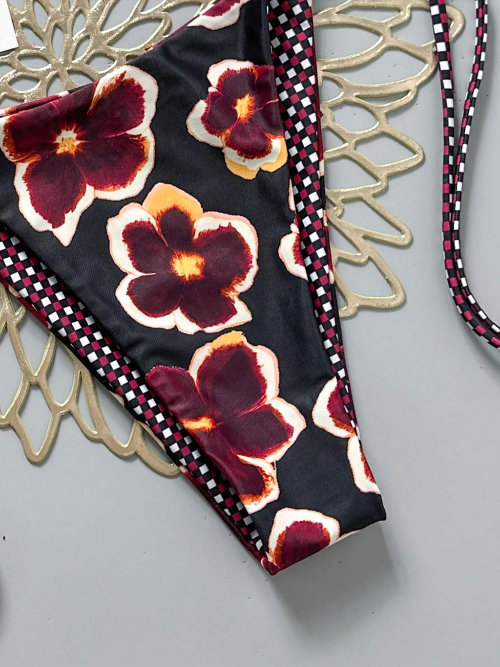 2pcs Retro Floral Colorblock Plaid Print Bikini Swimwear, Suitable