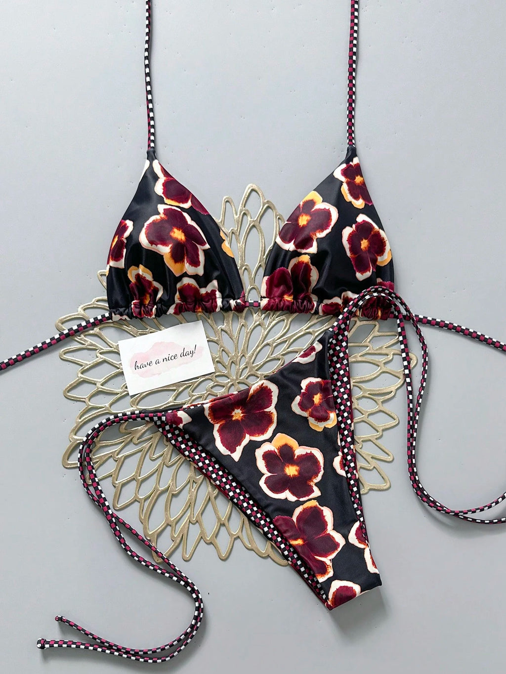 2pcs Retro Floral Colorblock Plaid Print Bikini Swimwear, Suitable