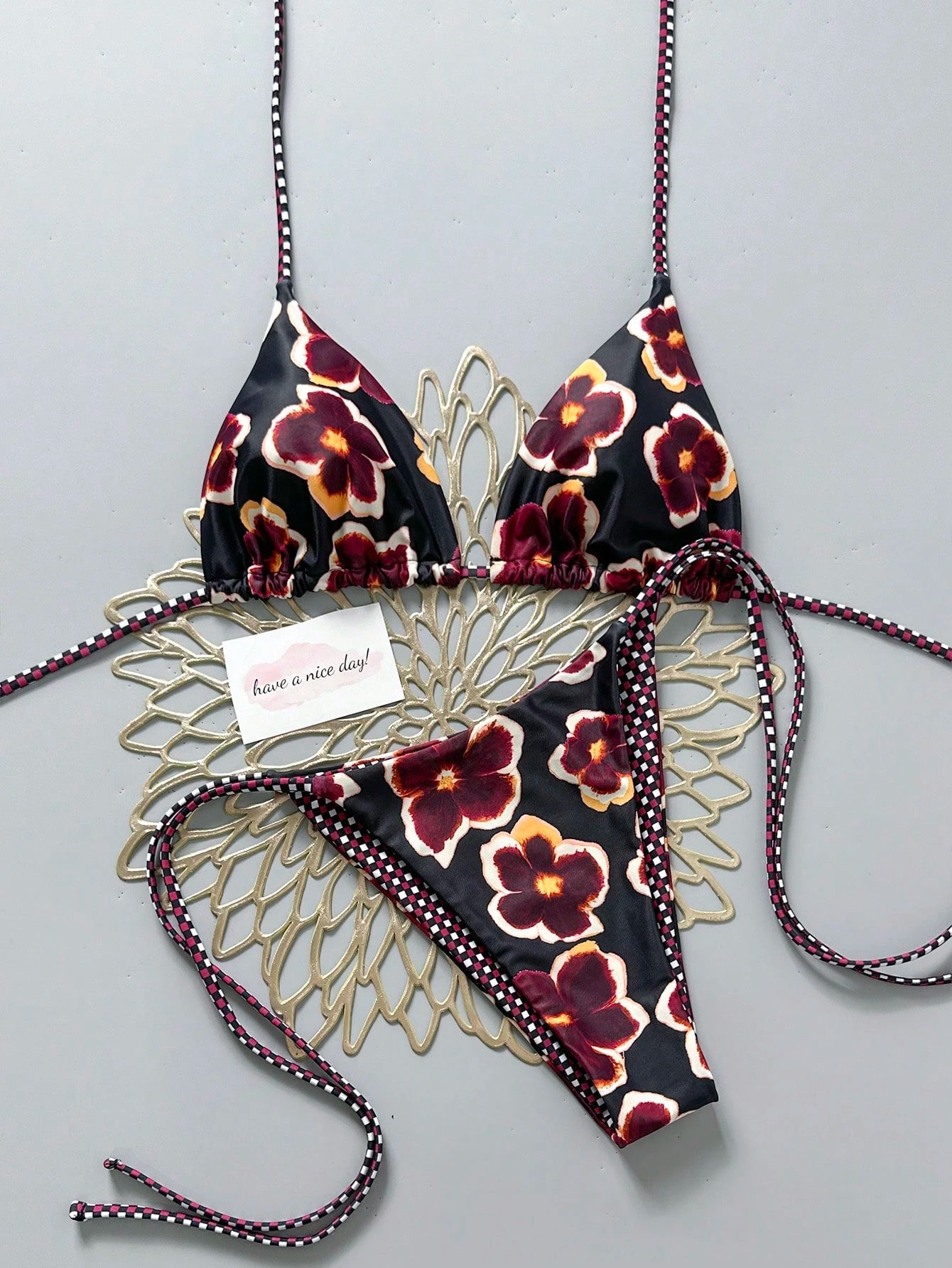 2pcs Retro Floral Colorblock Plaid Print Bikini Swimwear, Suitable