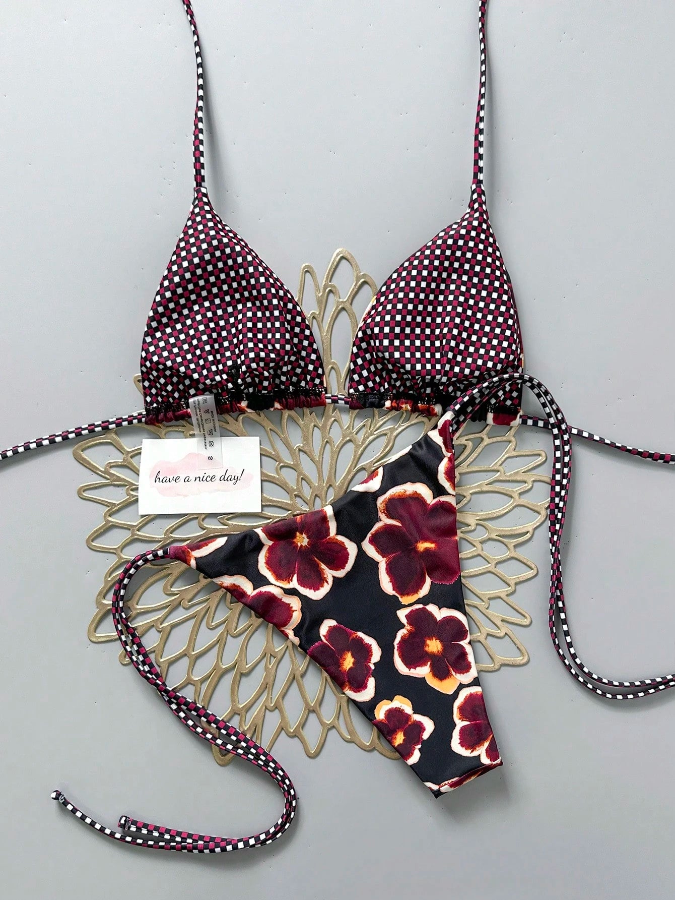 2pcs Retro Floral Colorblock Plaid Print Bikini Swimwear, Suitable